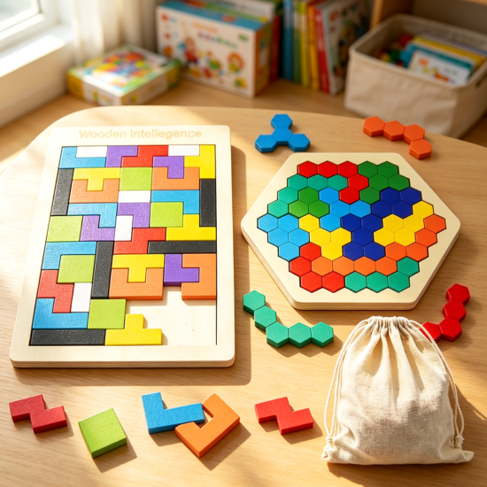 Wooden Russian Block Hexagon Puzzle Set