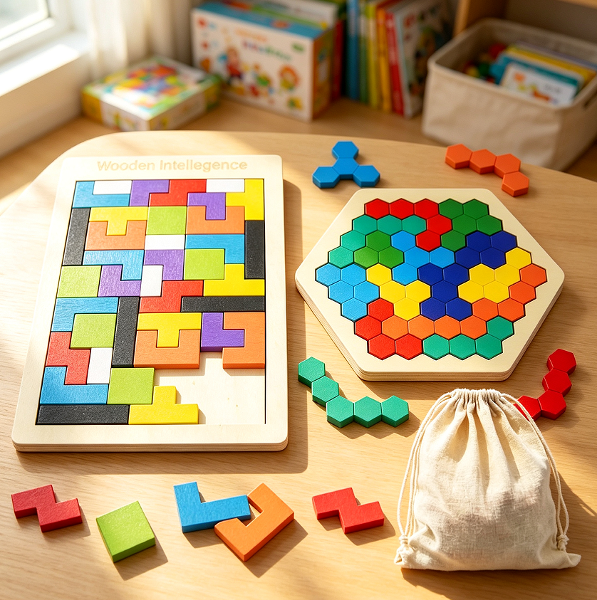 Wooden Russian Block Hexagon Puzzle Set