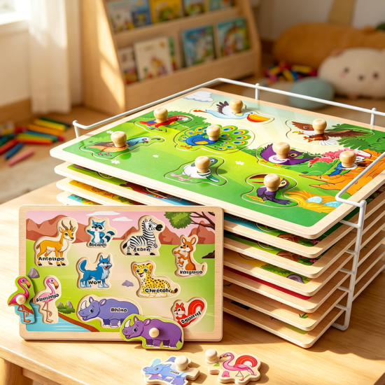 Wooden Animal Puzzles with Storage Rack