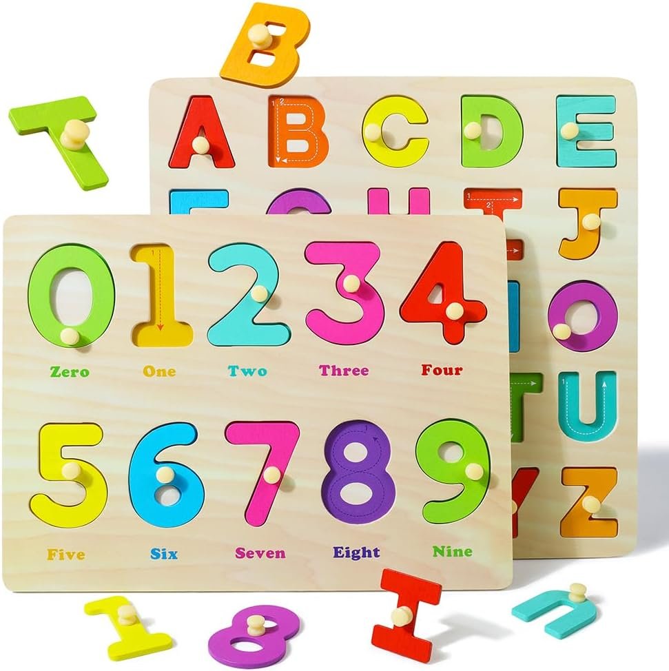 Wooden Alphabet Number Peg Puzzle for Toddlers
