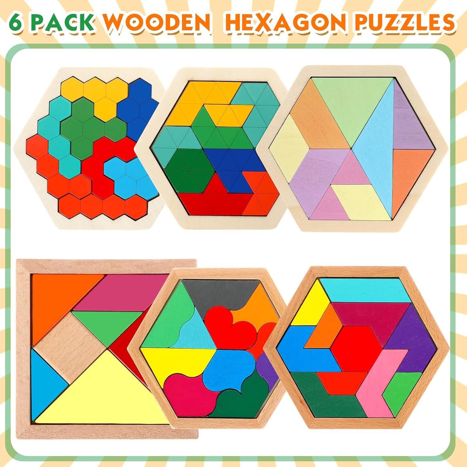 Wooden Hexagon Tangram Jigsaw Puzzle for Kids