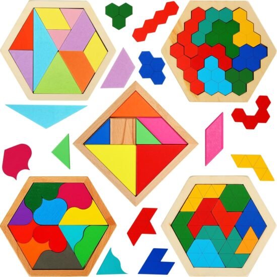 Wooden Hexagon Tangram Puzzle with Shapes