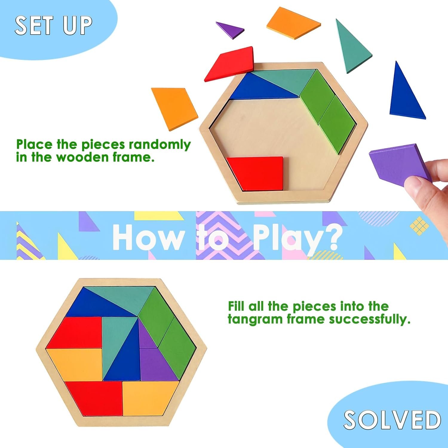 Wooden Hexagon Tangram Travel Puzzle for Kids