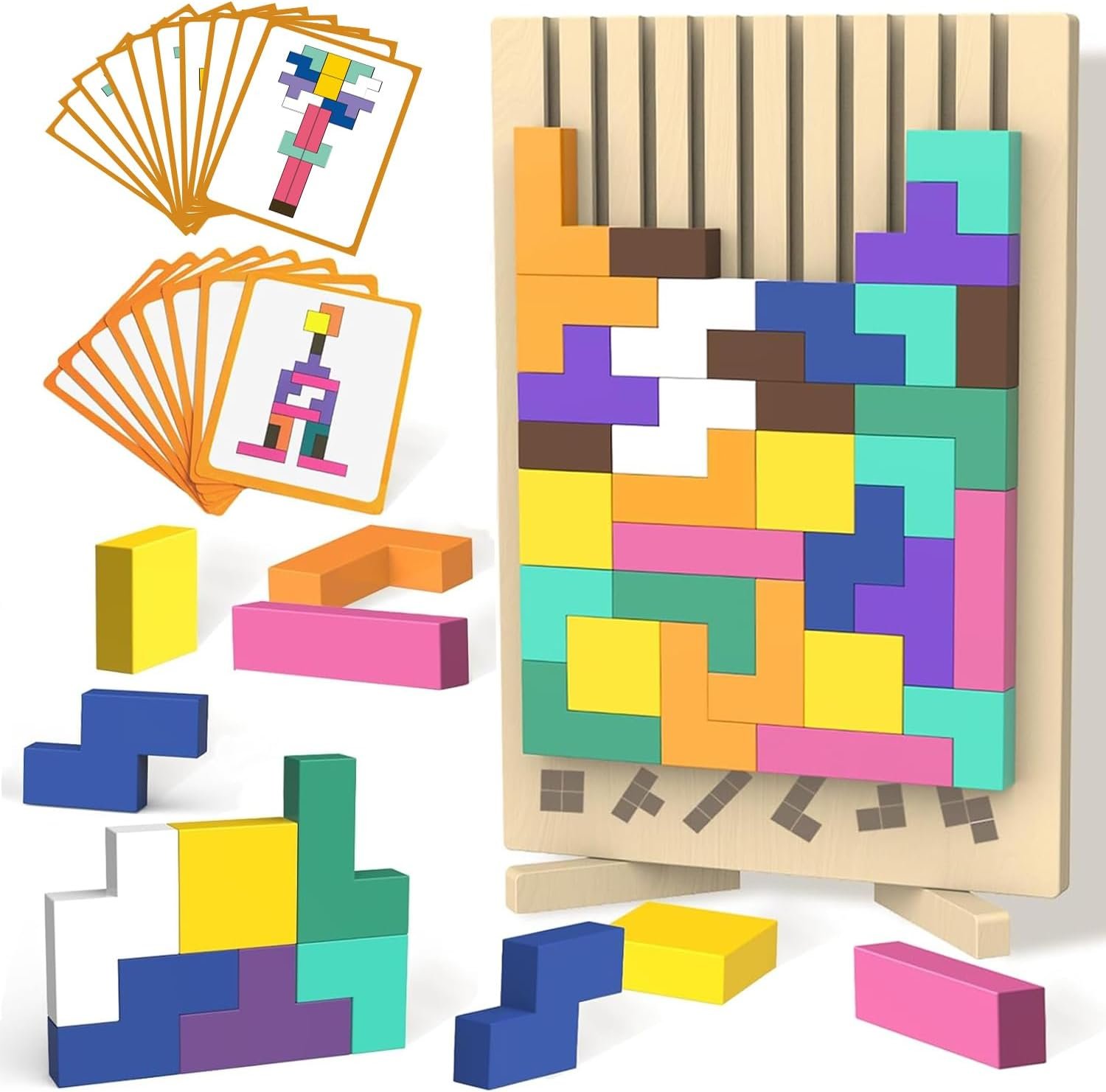 Wooden Block Stacking Puzzle with Cards