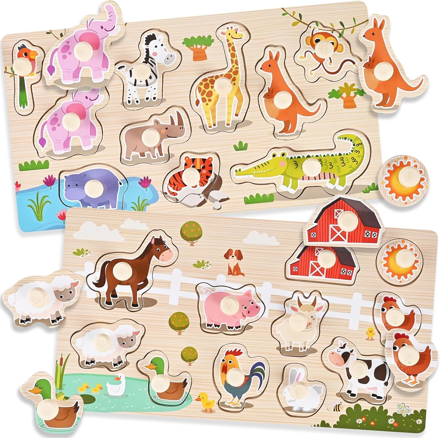 Wooden Zoo and Farm Peg Puzzles